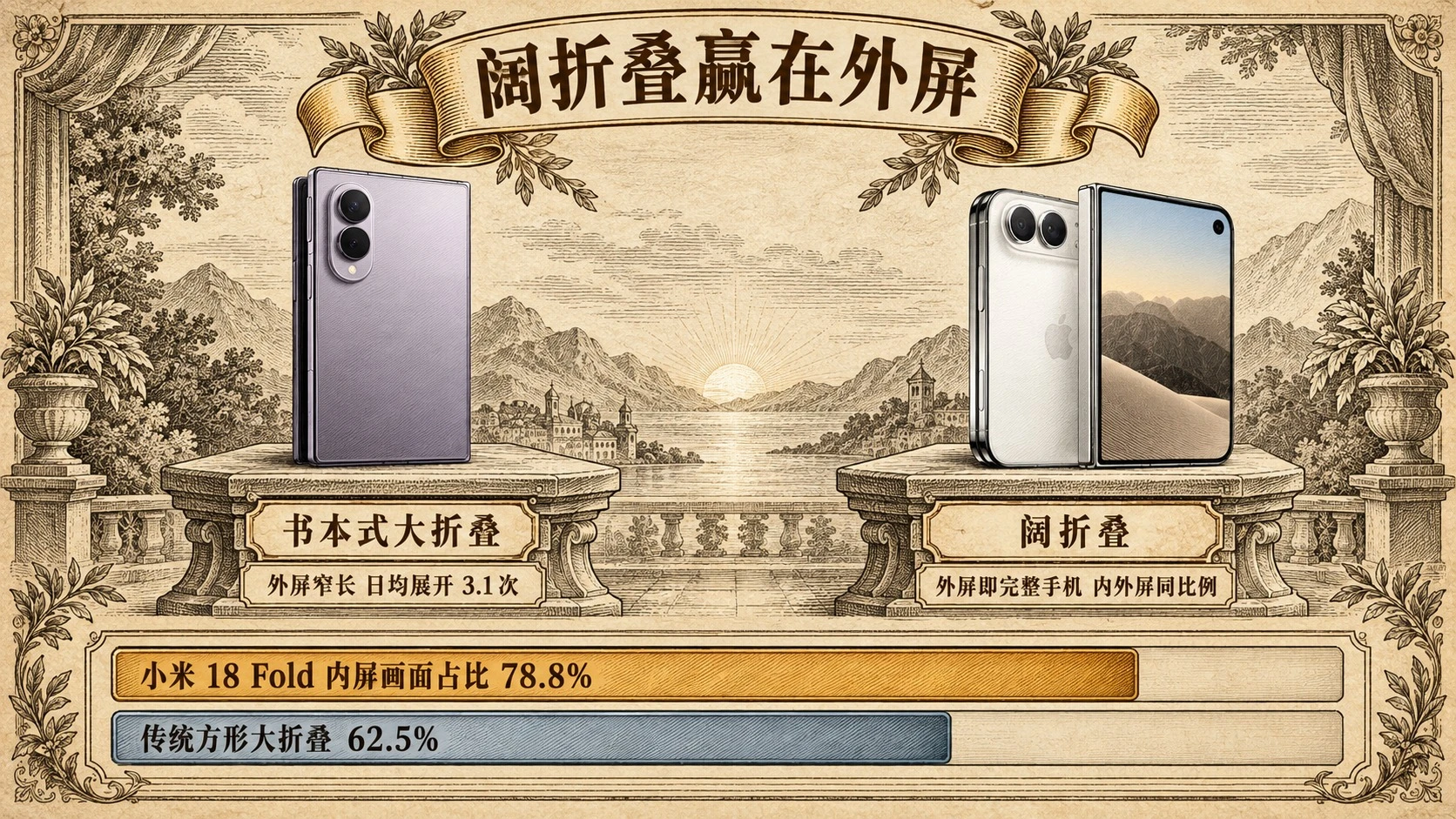 书本式大折叠与阔折叠真机对照:合盖外屏窄长对外屏即完整手机,同样看 16:9 视频内屏画面占比 78.8% 对 62.5%