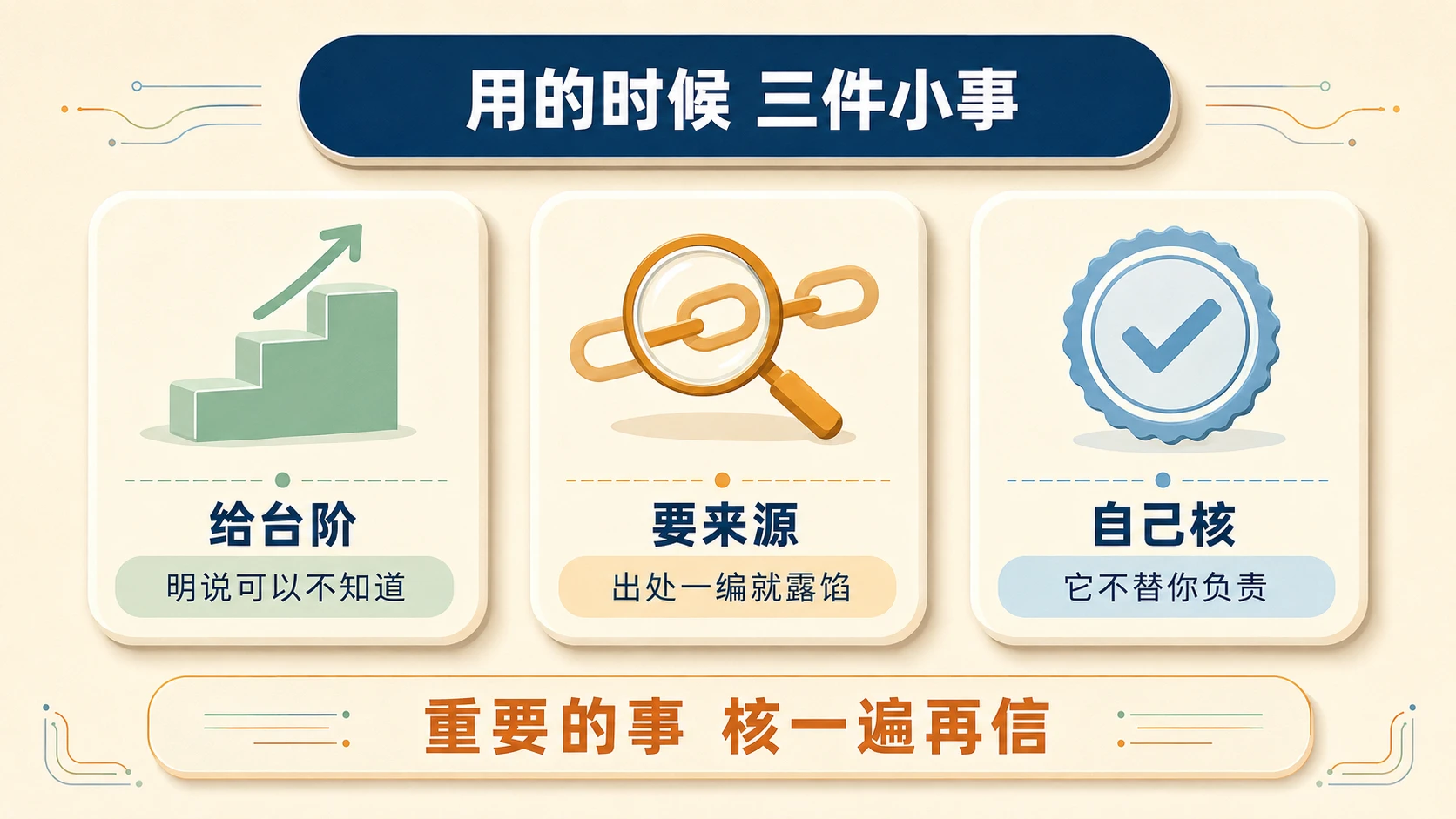 奶油米多层卡片信息图:三张工具卡——给台阶(明说可以不知道)、要来源(出处一编就露馅)、自己核(它不替你负责)