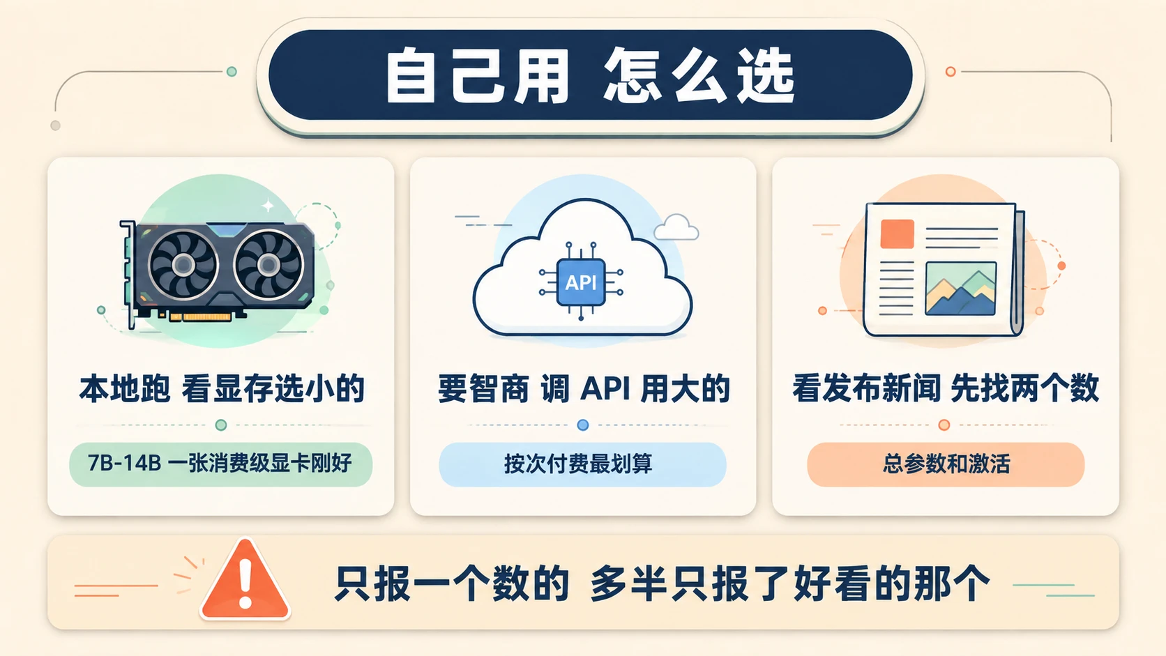 奶油米多层卡片信息图：三张建议卡——本地跑看显存选小的、要智商调 API、看新闻先找总参数和激活两个数